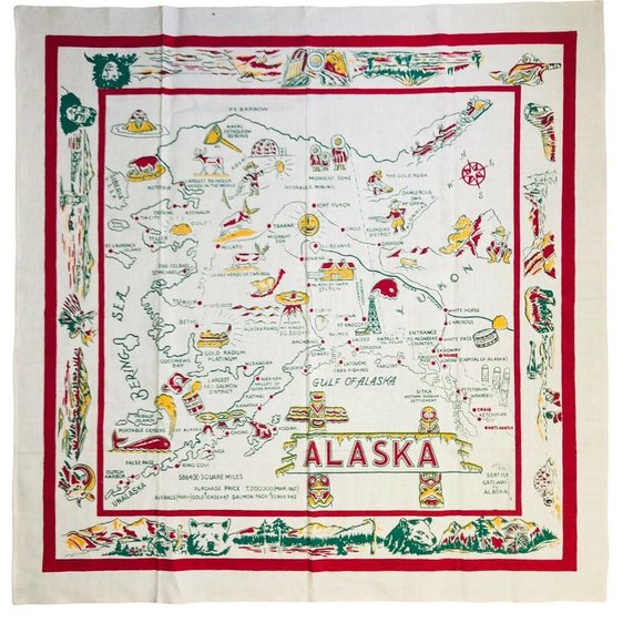 Vintage Alaska State Tablecloth Map Souvenir Square 50" x 50" Kitchen Table - Picture 1 of 11